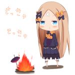  abigail_williams_(fate/grand_order) bangs black_bow black_dress black_footwear blonde_hair bloomers blue_eyes blush bow bug butterfly campfire chibi closed_mouth commentary_request crossed_bandaids dress eating eyebrows_visible_through_hair fate/grand_order fate_(series) food hair_bow highres holding holding_food insect long_hair long_sleeves no_hat no_headwear object_hug orange_bow parted_bangs polka_dot polka_dot_bow shadow sleeves_past_fingers sleeves_past_wrists solo standing stuffed_animal stuffed_toy su_guryu sweet_potato teddy_bear translation_request underwear very_long_hair white_background white_bloomers 