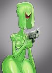  2018 breasts collarbone derek_hetrick digital_drawing_(artwork) digital_media_(artwork) featureless_crotch female front_view fused_fingers goo_creature goo_hair green_body green_hair grey_background gun hair half-length_portrait handgun holding_object holding_weapon humanoid humor long_neck monster_girl_(genre) natural_breasts nipples not_furry nude open_mouth open_smile pistol portrait ranged_weapon reaction_image shiny simple_background slime slime_girl_(derek_hetrick) small_breasts small_eyes small_waist smile solo sparkle standing thick_thighs toony weapon wide_hips yellow_sclera 