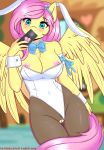  2018 absurd_res areola blurred_background breasts cellphone clothing digital_media_(artwork) equine feathered_wings feathers female fluttershy_(mlp) friendship_is_magic hair hi_res holding_object mammal my_little_pony nipples phone pussy solo twistedscarlett60 wings 