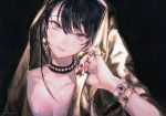  androgynous armband black black_background black_hair bracelet breasts choker closed_mouth collarbone earrings eyes gold grey_eyes head_tilt jewelry looking_at_viewer mole mole_on_breast mole_under_eye nail_polish original red_nails ring sanpaku signature silver solo ueno_zousui veil 