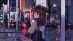  alzi_xiaomi bag brown_eyes brown_hair car cellphone cityscape commentary_request covering_head crosswalk ground_vehicle highres looking_back motor_vehicle night original outdoors phone puddle rain school_uniform short_hair solo 