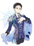  black_hair brown_eyes cape cropped_legs epaulettes hair_slicked_back hand_on_own_chest katsuki_yuuri kuroemon male_focus monocle smile yuri!!!_on_ice 