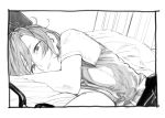  commentary_request curtains dagashi_kashi eyewear_removed foreshortening glasses greyscale hair_between_eyes holding holding_eyewear kotoyama looking_at_viewer lying monochrome on_bed on_side open_mouth outstretched_arm owari_hajime short_sleeves sketch solo 