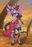  2018 4_toes anthro areola aurancreations barefoot breasts detailed_background digital_media_(artwork) female gun hair holding_object holding_weapon horn hybrid nipples pink_eyes pink_hair ranged_weapon solo toes weapon 