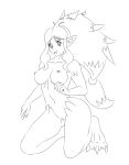  3_toes breasts claws female fur hair hilda_(pok&eacute;mon) inner_ear_fur kneeling line_art long_hair monochrome nickfaire nintendo nude pointy_ears pok&eacute;mon pok&eacute;mon_(species) pussy simple_background solo toes unsure video_games zoroark 