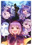  4girls ahoge alternate_costume animal_ears bandages bat bat_wings blanket braid brown_eyes brown_hair cape doseki_udon eyepatch fang ghost grey_eyes grey_hair hair_ornament hair_ribbon hairclip hat hayasaka_mirei highres hood hoshi_shouko idolmaster idolmaster_cinderella_girls idolmaster_cinderella_girls_starlight_stage koshimizu_sachiko long_hair mansion moon morikubo_nono multiple_girls nurse nurse_cap polearm purple_hair ribbon shaded_face sparkle stitches striped striped_legwear sweatdrop syringe tail trident twitter_username upside-down vertical_stripes weapon wings wolf_ears wolf_paws wolf_tail zombie 