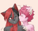  2018 anthro bavani blush canine cat cute darashi_kuso feline fur girly grey_fur hair kissing male male/male mammal nekosuke nude pink_fur pink_hair red_eyes red_hair wolf 