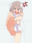  1girl anger_vein angry barefoot blush embarrassed feet female grey_hair looking_at_viewer open_mouth original salpin soles solo toes towel 
