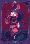 2018 abstract_background anthro bandicoot belt blue_eyes boots breasts clothed clothing coco_bandicoot crash_bandicoot_(series) dark_hair evil_coco eyeshadow female fingerless_gloves fishnet footwear fully_clothed gloves hair hairclip half-closed_eyes lipstick long_hair looking_at_viewer makeup mammal marsupial midriff navel open_mouth pink_nose sharp_teeth shirt shorts sitting smile solo sony-shock straps t-shirt teeth thigh_boots video_games 
