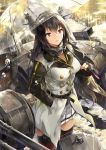  black_hair brown_hair coat elbow_gloves gloves headgear highres holding kantai_collection long_hair looking_at_viewer nagato_(kantai_collection) neko_(yanshoujie) open_mouth red_eyes rigging smile solo standing thighhighs umbrella water_drop 