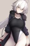  ahoge black_choker black_jacket black_swimsuit blush breasts choker competition_swimsuit cowboy_shot fate/grand_order fate_(series) fur-trimmed_jacket fur_trim grey_background jacket jeanne_d&#039;arc_(fate)_(all) jeanne_d'arc_(fate)_(all) large_breasts long_hair looking_at_viewer mobu one-piece_swimsuit pale_skin silver_hair simple_background solo standing swimsuit yellow_eyes 
