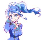  aikatsu! aikatsu!_(series) blue_eyes blue_hair breasts commentary_request hair_between_eyes hair_ornament high_ponytail kiriya_aoi long_hair looking_at_viewer medium_breasts ngv3553 ribbon scrunchie simple_background smile solo starlight_academy_uniform upper_body white_background 