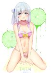  absurdres artist_name bare_arms bare_shoulders between_legs bikini blue_eyes blue_hair blush bow bow_bikini breasts cleavage collarbone commentary_request dated eromanga_sensei eyebrows_visible_through_hair fingernails frilled_bikini frills full_body hair_bow hair_rings hand_between_legs highres izumi_sagiri lime_slice long_hair looking_at_viewer nail_polish navel pink_bikini pink_bow pink_nails round_teeth shiny shiny_hair sidelocks simple_background sitting small_breasts solo stomach swimsuit taitai teeth upper_teeth wariza water_drop white_background yellow_bow 