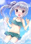 bangs bare_arms bare_shoulders bikini black_ribbon blue_sky blunt_bangs blush brown_eyes cloud collarbone commentary_request day eyebrows_visible_through_hair fingernails green_bikini groin hair_ribbon hands_up k_hiro kantai_collection kasumi_(kantai_collection) navel nose_blush open_mouth outdoors partial_commentary ribbon side_ponytail sidelocks silver_hair sky solo sun sunlight swimsuit water 