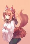  animal_ear_fluff animal_ears arms_under_breasts bangs black_legwear blush breasts checkered checkered_neckwear commentary_request cowboy_shot eyebrows_visible_through_hair fox_ears fox_girl fox_tail hands_in_opposite_sleeves japanese_clothes large_breasts leaning_forward long_sleeves looking_away one_side_up orange_hair original pleated_skirt red_skirt sawaya_(mizukazu) scarf sidelocks skirt solo standing tail tail_raised thighhighs wide_sleeves 