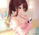  artist_name bare_shoulders bra breasts brown_hair candy cellphone character_request commentary_request copyright_request flower food green_eyes indoors lollipop looking_at_viewer medium_breasts morning open_mouth original phone ponytail rosuuri smartphone solo standing underwear white_bra 