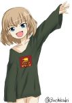  :d bangs blonde_hair blue_eyes buchikaki commentary cowboy_shot eyebrows_visible_through_hair fang girls_und_panzer green_shirt ground_vehicle head_tilt highres katyusha kv-2 looking_at_viewer military military_vehicle motor_vehicle no_pants open_mouth oversized_clothes print_shirt shirt short_hair simple_background sleeves_past_wrists smile solo standing tank twitter_username white_background 