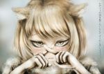  3: animal_ears bangs blonde_hair blurry blurry_background blush closed_mouth commentary_request crossed_fingers eyelashes face fingers fox_ears fox_girl fur_collar hands kemono_friends looking_at_viewer realistic sepia short_hair solo stealstitaniums swept_bangs tibetan_sand_fox_(kemono_friends) translation_request tsurime yellow_eyes 