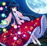  album_cover bamboo bamboo_print bangs barefoot black_hair blunt_bangs bow bowtie brown_eyes cover danmaku egasumi floating full_body full_moon hand_to_own_mouth houraisan_kaguya leaf_print long_hair long_skirt long_sleeves looking_away miruki moon night night_sky open_mouth outdoors pink_shirt red_skirt shirt skirt sky sleeves_past_wrists smile solo sparkle star_(sky) starry_sky touhou very_long_hair white_bow wide_sleeves 