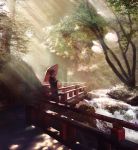  dappled_sunlight holding holding_umbrella japanese_clothes kimono light_rays nature oriental_umbrella original railing river rock scenery solo sonna_watashi sunlight tree umbrella 
