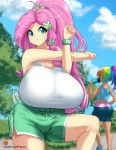  2girls ass big_hair bike_shorts blue_eyes blue_tank_top breasts fluttershy hair_ornament huge_breasts long_hair multicolored_hair multiple_girls my_little_pony my_little_pony_friendship_is_magic nail_polish outdoors parted_lips pink_hair ponytail rainbow_dash senria shorts sky standing tank_top tree white_tank_top 