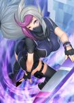  1girl artist_request ass blue_eyes breasts card emma_bessho fingerless_gloves ghost_girl_(yuu-gi-ou_vrains) gloves grey_hair long_hair one_eye_closed purple_hair shiny shiny_hair shorts solo thighhighs wink yu-gi-oh! yuu-gi-ou yuu-gi-ou_vrains 