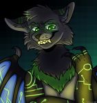  2018 5_fingers anthro canine canineguts circuit claws digital_media_(artwork) dragon eyebrows eyewear fangs fur glasses glowing grin hair hi_res hybrid looking_at_viewer male mammal membranous_wings multicolored_fur muscular simple_background smile solo standing teeth voldrak wings wolf 