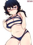  absurdres ass_visible_through_thighs bikini black_hair blue_eyes blush breasts commentary_request girls_und_panzer glasses groin highres large_breasts looking_at_viewer navel oryou_(girls_und_panzer) plump shiroobi_(whitebeltmaster) simple_background solo sweat swimsuit swimwear white_background 