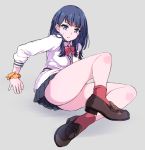  ass bangs black_hair blue_eyes bow brown_footwear cardigan dress_shirt grey_background leaning_back legs loafers long_hair long_sleeves looking_at_viewer microskirt parted_lips pleated_skirt red_bow red_legwear school_uniform scrunchie shirt shoes simple_background sitting skirt solo ssss.gridman sweatdrop takarada_rikka thighs tokeshi white_cardigan white_shirt wrist_scrunchie 