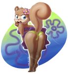  2016 anthro barefoot bikini bikini_bottom blue_eyes blush brown_fur butt camel_toe clothed clothing eyelashes feet female flower fully_clothed fur hi_res looking_back mammal mr-shin nickelodeon open_mouth panties pink_nose plant presenting presenting_hindquarters raised_heel rodent sandy_cheeks skirt solo spongebob_squarepants squirrel sweat swimsuit teeth tongue underwear 