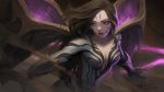  armored_gloves artist_name bangs black_hair breasts breasts_apart commentary dao_trong_le dated english_commentary facial_mark forehead_mark highres kai'sa league_of_legends lips long_hair looking_past_viewer orange_eyes outstretched_arms parted_bangs parted_lips purple_hair signature small_breasts solo spread_arms 
