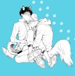  animal_ears blue_background collar dog_ears dog_tail extra_ears glasses hood hoodie hug katsuki_yuuri kemonomimi_mode kuroemon male_focus monochrome multiple_boys one_eye_closed paw_print shoes sneakers tail viktor_nikiforov yuri!!!_on_ice 