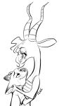  2017 antelope anthro black_and_white canine clothed clothing cuddling disney duo ear_grab eye_contact female fox fuel_(artist) gazelle gazelle_(zootopia) half-closed_eyes horn male male/female mammal monochrome nick_wilde signature simple_background smile white_background zootopia 