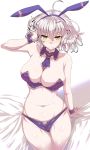  animal_ears bangs bed_sheet breasts bunny_ears bunnysuit cleavage commentary_request cowboy_shot detached_collar eyebrows_visible_through_hair fate/grand_order fate_(series) frown hair_between_eyes highres jeanne_d'arc_(alter)_(fate) jeanne_d'arc_(fate)_(all) large_breasts looking_at_viewer messy_hair navel silver_hair simple_background solo tsurime wakura_(gcdan) white_background wrist_cuffs yellow_eyes 