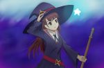  broom brown_eyes brown_hair edo-sensei hat highres hood hood_down hooded_dress kagari_atsuko little_witch_academia looking_to_the_side luna_nova_school_uniform shirt_under_dress star_(sky) witch witch_hat 