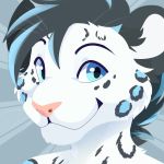  black_hair blue_eyes blue_hair eyebrows eyelashes feline feve hair happy headshot_portrait leopard looking_at_viewer male mammal multicolored_hair pink_nose portrait simple_background smile snow_leopard solo two_tone_hair victory_(texdot) whiskers 