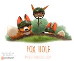  ambiguous_gender armor black_eyes black_fur black_nose branch canine carrot cryptid-creations duo english_text feral food fox fur grass helmet humor looking_at_viewer mammal orange_fur pun text vegetable white_fur 