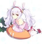  animal_ears azur_lane bunny_ears carrot_pillow crown eyebrows_visible_through_hair fake_animal_ears fur-trimmed_jacket fur_trim hair_between_eyes hair_ribbon hairband highres ikomochi jacket laffey_(azur_lane) looking_at_viewer lying mini_crown off_shoulder on_stomach open_clothes open_jacket pillow pink_jacket red_eyes red_hairband red_skirt ribbon silver_hair skirt strap_slip thighhighs twintails white_camisole white_legwear 