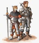  0laffson 2017 armor brown_eyes brown_hair cheetah clothed clothing feline hair holding_object holding_weapon human mammal melee_weapon orange_eyes simple_background smile sword traditional_media_(artwork) weapon white_background 