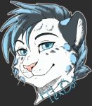  anthro con_badge english_text excitedcargoyle eyebrows feline fur hair headshot_portrait leopard looking_at_viewer male mammal portrait signature simple_background smile snow_leopard text victory_(texdot) whiskers 