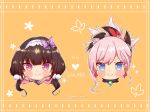  black_hair blue_eyes blush bow commentary earrings fate/grand_order fate_(series) hair_bow hair_ornament head_only japanese_clothes jewelry kimono magatama medium_hair miyamoto_musashi_(fate/grand_order) multiple_girls osakabe-hime_(fate/grand_order) pink_hair ponytail purple_eyes sparkle tied_hair twintails yukari_(bryleluansing) 