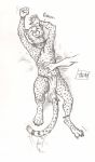  0laffson 2017 4_toes 5_fingers cheetah clothing digitigrade feline human loincloth lying male mammal on_back petting smile solo_focus toes traditional_media_(artwork) 