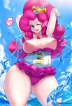  1girl arms_up blue_eyes bow breasts breasts_outside earrings hair_ornamentlarge_breasts hair_tie jewelry my_little_pony my_little_pony_equestria_girls my_little_pony_friendship_is_magic nipples one-piece_swimsuit one_eye_closed personification pink_hair pinkie_pie ponytail senria solo swimsuit thick_thighs thighs topless wide_hips wink 
