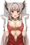  alicia_(granblue_fantasy) bangs blunt_bangs blush breast_squeeze breasts center_opening cross cross_earrings draph earrings elbow_gloves eyebrows eyebrows_visible_through_hair gloves granblue_fantasy horns huge_breasts jewelry katte_ni_kappa looking_at_viewer open_mouth pointy_ears puffy_short_sleeves puffy_sleeves red_eyes short_sleeves silver_hair simple_background solo teeth upper_body white_gloves 