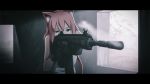  1girl ahoge aiming animal_ears assault_rifle blue_eyes cat_ears commentary_request gloves gun heckler_&amp;_koch highres hinata_channel hk416 holding holding_gun holding_weapon houtinti letterboxed nekomiya_hinata partial_commentary pink_hair rifle smoke solo virtual_youtuber weapon 
