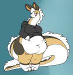  2016 belly big_belly big_tail blush bottomless breasts brown_fur clothed clothing dragon eyelashes female female_pred fur furred_dragon geckomania holding_belly hoodie knees_together long_neck long_tail mostly_nude navel simple_background solo teal_background teal_eyes vore white_fur 