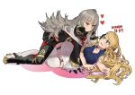  absurdres armor black_armor black_gloves blonde_hair blush braid breasts cleavage closed_mouth commentary commission crown_braid ebinku fire_emblem fire_emblem_heroes from_side gloves green_eyes grey_hair hand_on_another's_face heart high_heels highres long_hair long_sleeves medium_breasts multiple_girls pantyhose parted_lips red_eyes red_legwear sharena shirt shorts simple_background sleeveless sleeveless_shirt smile thighhighs veronica_(fire_emblem) white_background white_legwear white_shorts yuri 