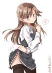  arashio_(kantai_collection) black_legwear blush brown_eyes brown_hair closed_mouth come_hither commentary_request ebifurya eyebrows_visible_through_hair hair_between_eyes heart highres kantai_collection long_hair long_sleeves looking_at_viewer no_panties pantyhose remodel_(kantai_collection) school_uniform shirt simple_background smile solo white_background white_shirt 