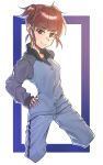  bangs black_shirt blue_bow blue_jacket blue_pants bow commentary_request cowboy_shot cropped_legs doyagao eyebrows_visible_through_hair girls_und_panzer hand_on_hip head_tilt highres jacket keizoku_military_uniform long_sleeves looking_at_viewer mikko_(girls_und_panzer) military military_uniform pants pants_rolled_up raglan_sleeves red_eyes red_hair roivas shirt short_hair short_twintails single_vertical_stripe smirk smug solo standing track_jacket track_pants twintails uniform zipper zipper_pull_tab 