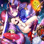  :d alcohol alphatitus arm_up bangs blunt_bangs bottle breasts cherry_blossoms cup eyebrows_visible_through_hair fate/grand_order fate_(series) highres holding holding_sword holding_weapon horns lantern looking_at_viewer navel night open_mouth outdoors paper_lantern purple_eyes purple_hair purple_legwear sakazuki sake sake_bottle shiny shiny_hair short_hair shuten_douji_(fate/grand_order) side_ponytail single_legging sky small_breasts smile solo star_(sky) starry_sky sword weapon 